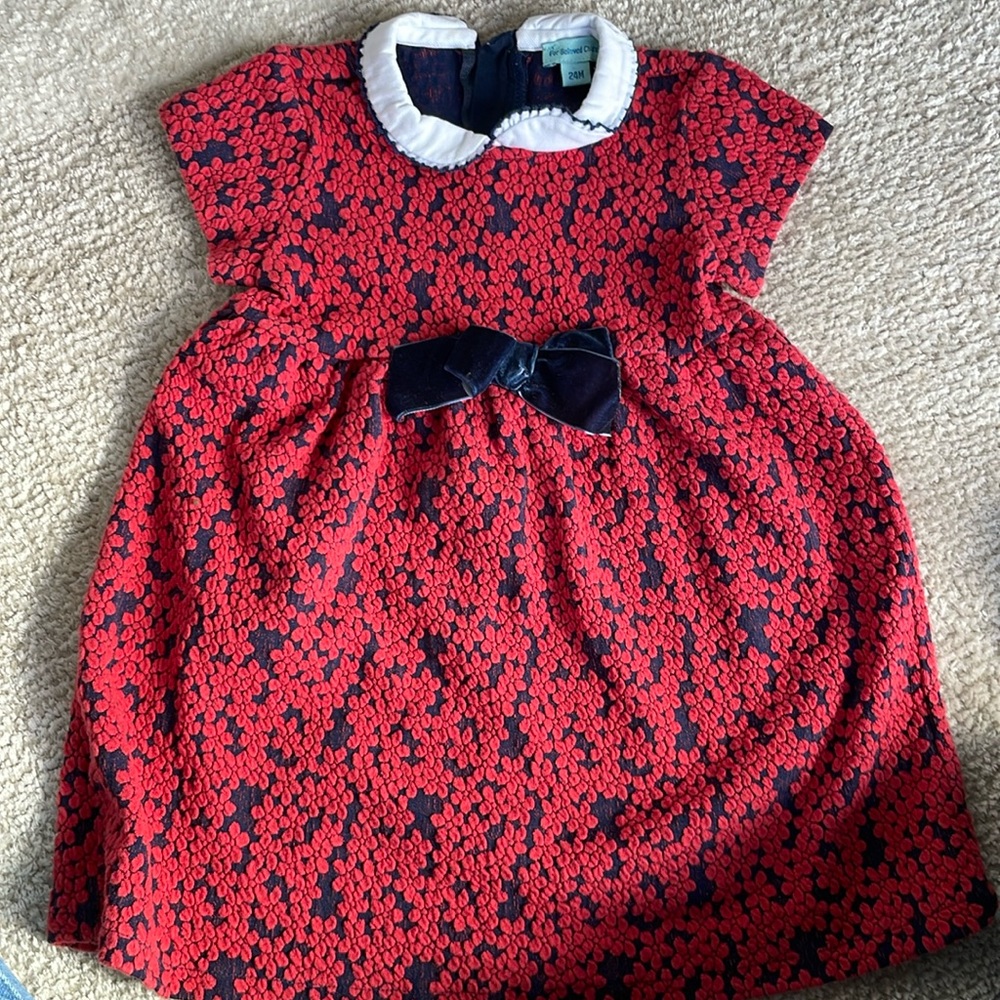 24 months 2T dress embroidered red with collar. Backing color is navy